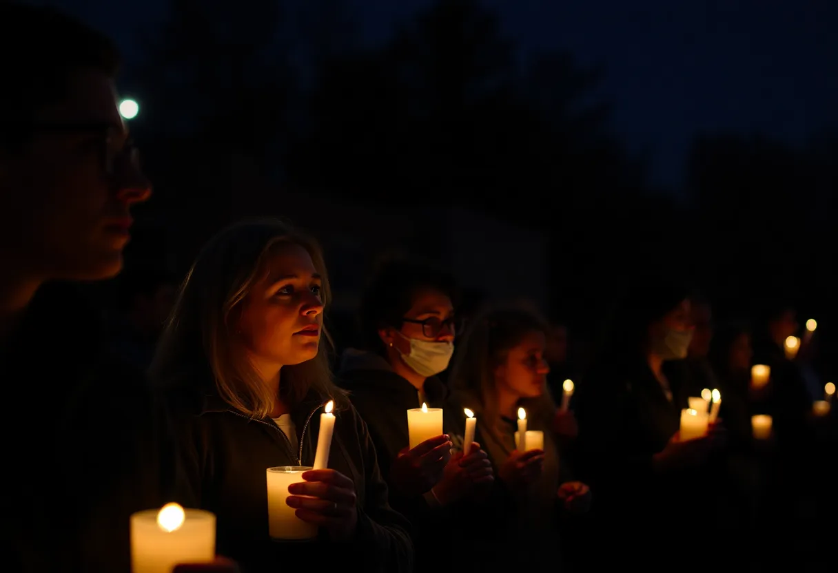 A somber candlelight vigil with participants holding candles.