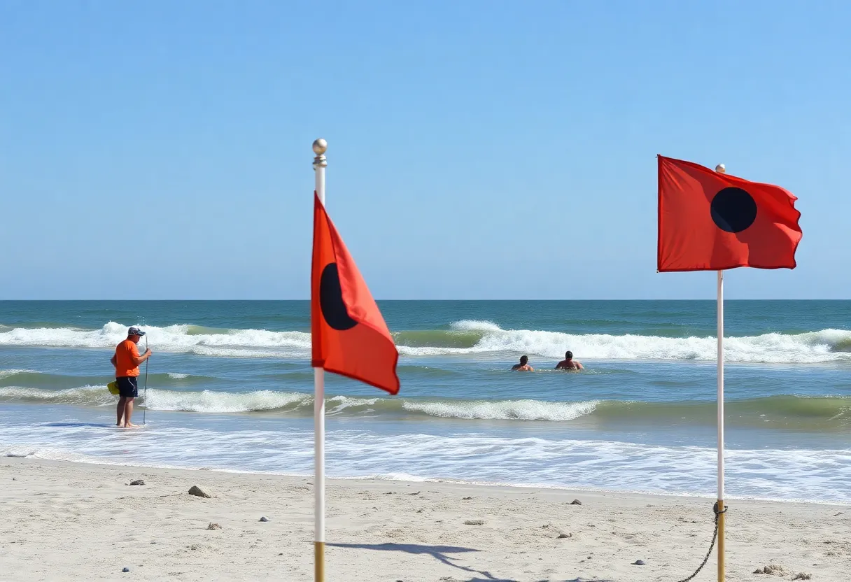 Charleston beach with lifeguards and warning signs for rip currents