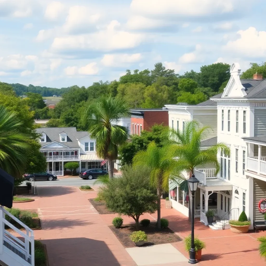 Scenic small town in South Carolina with historic buildings and lush greenery