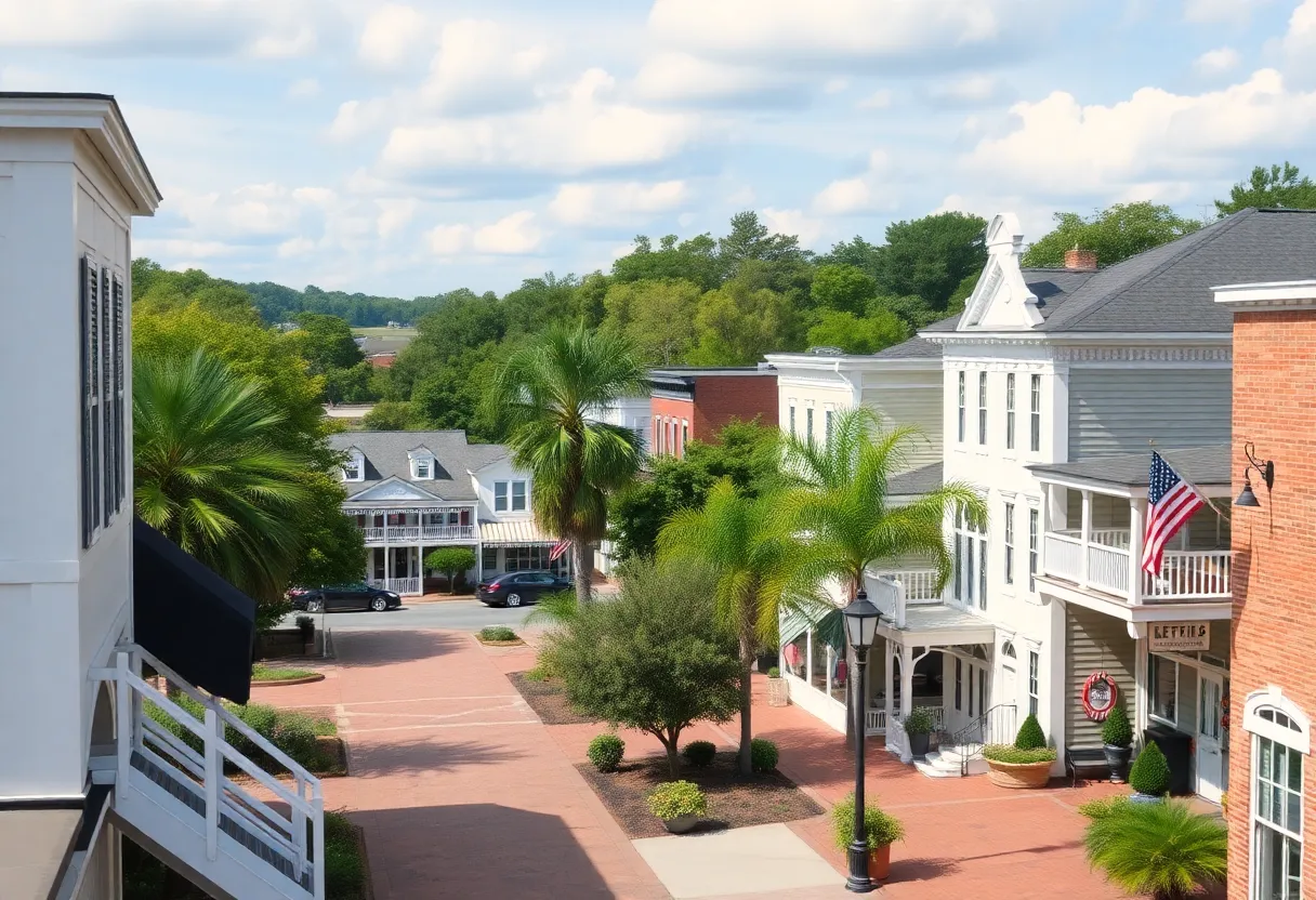 Scenic small town in South Carolina with historic buildings and lush greenery