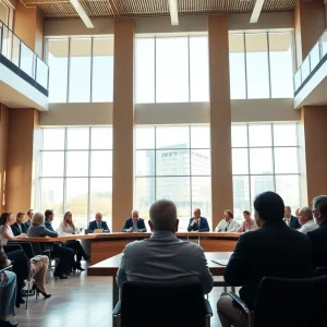 Community members discussing developments in a city council meeting.