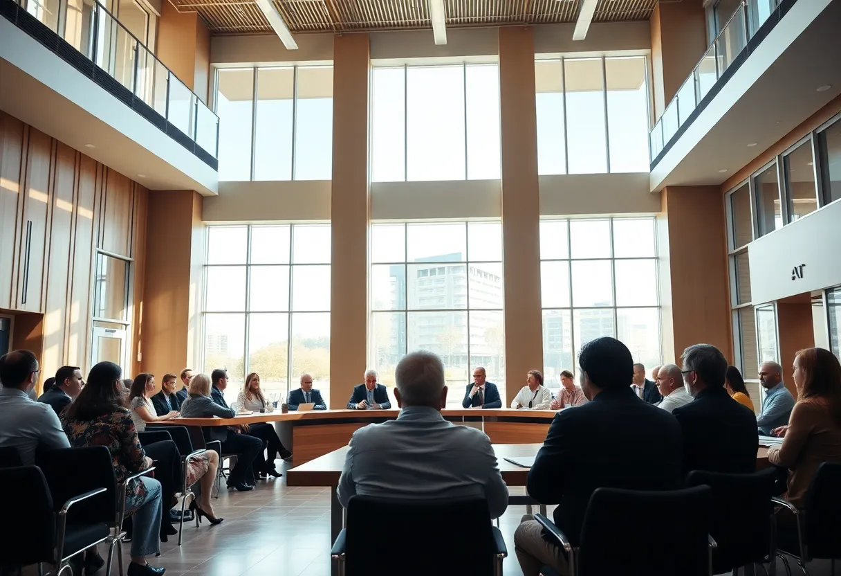 Community members discussing developments in a city council meeting.