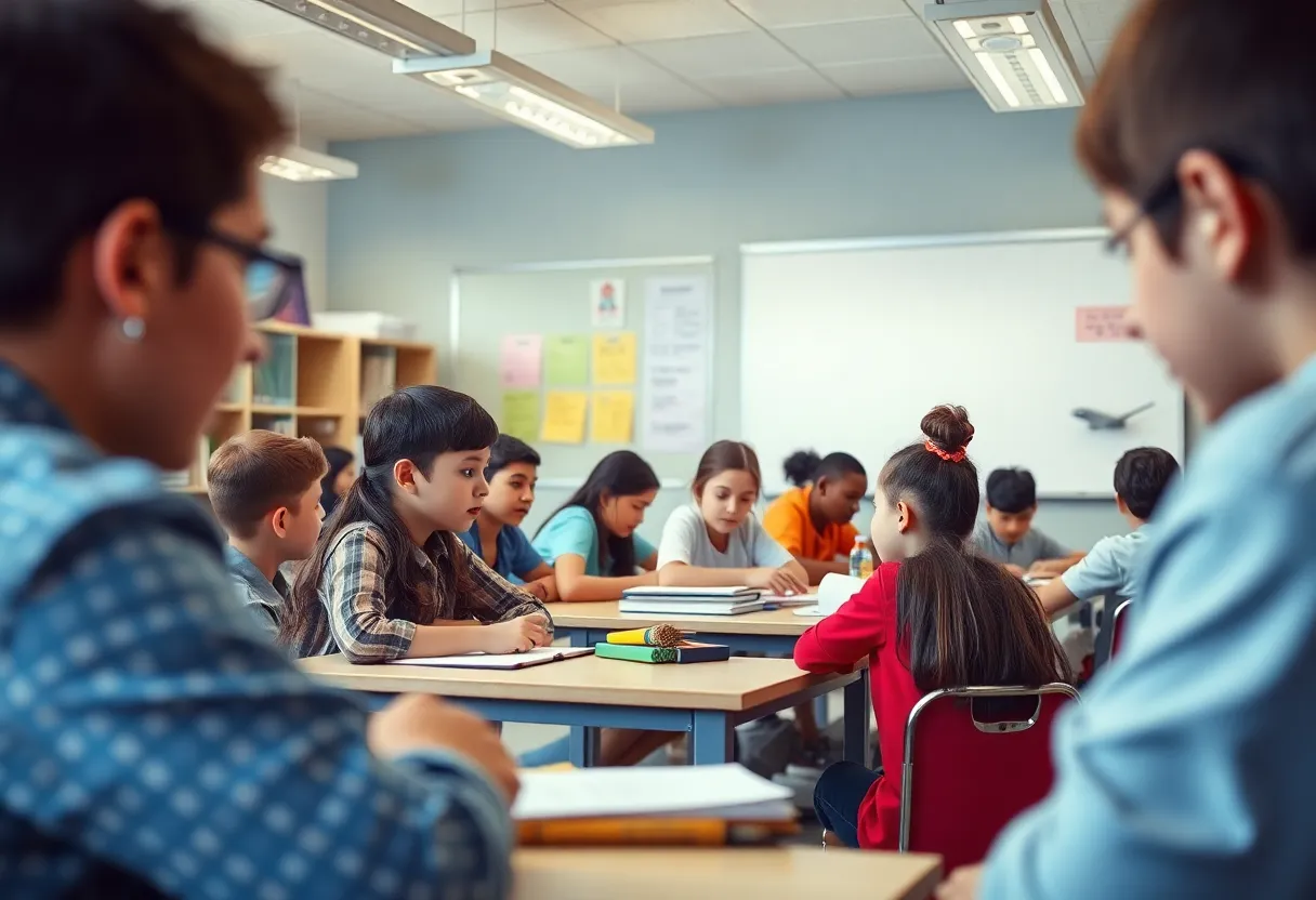 Students in a classroom actively participating in learning activities.