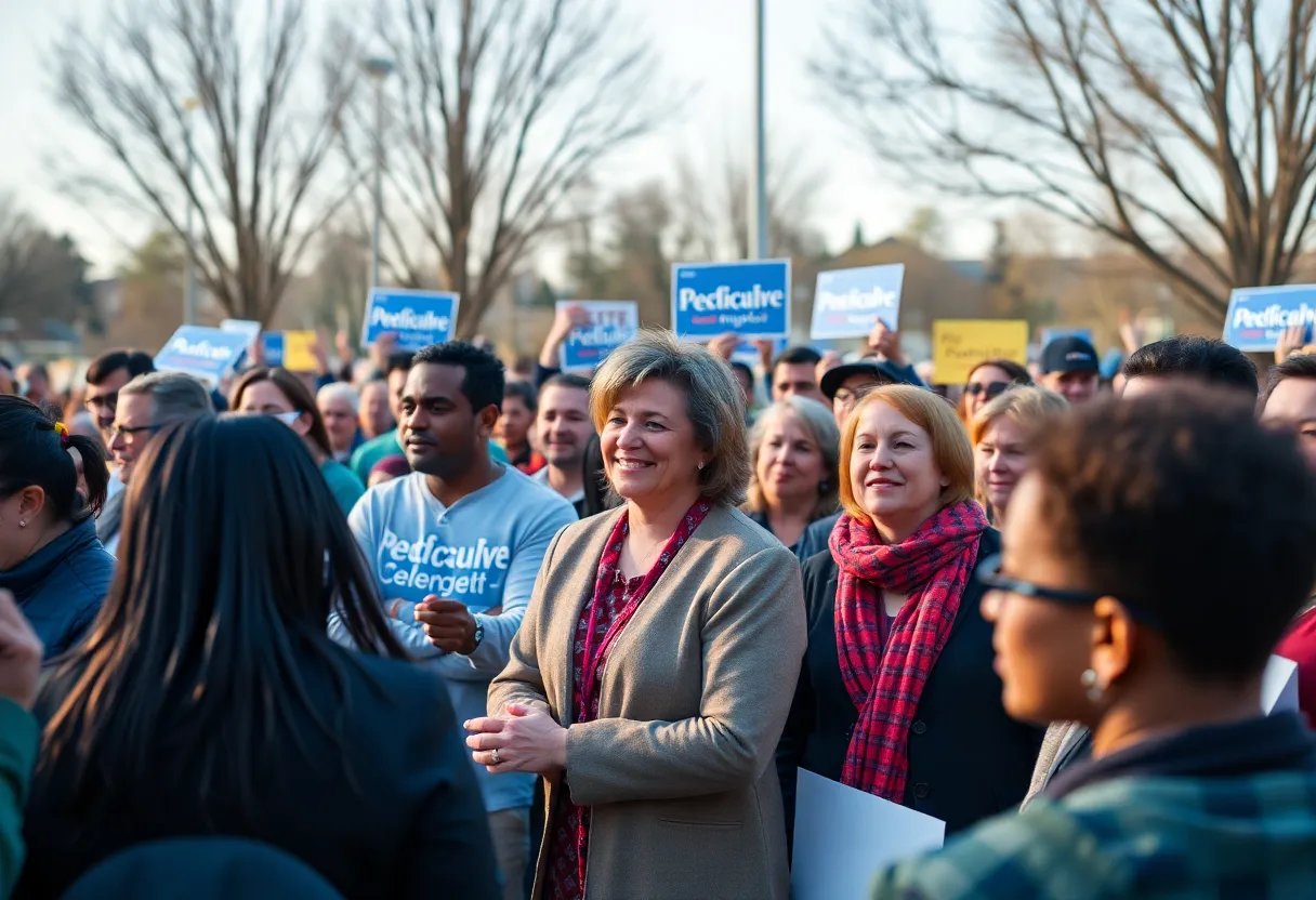 People engaging in a political campaign event in a community setting.