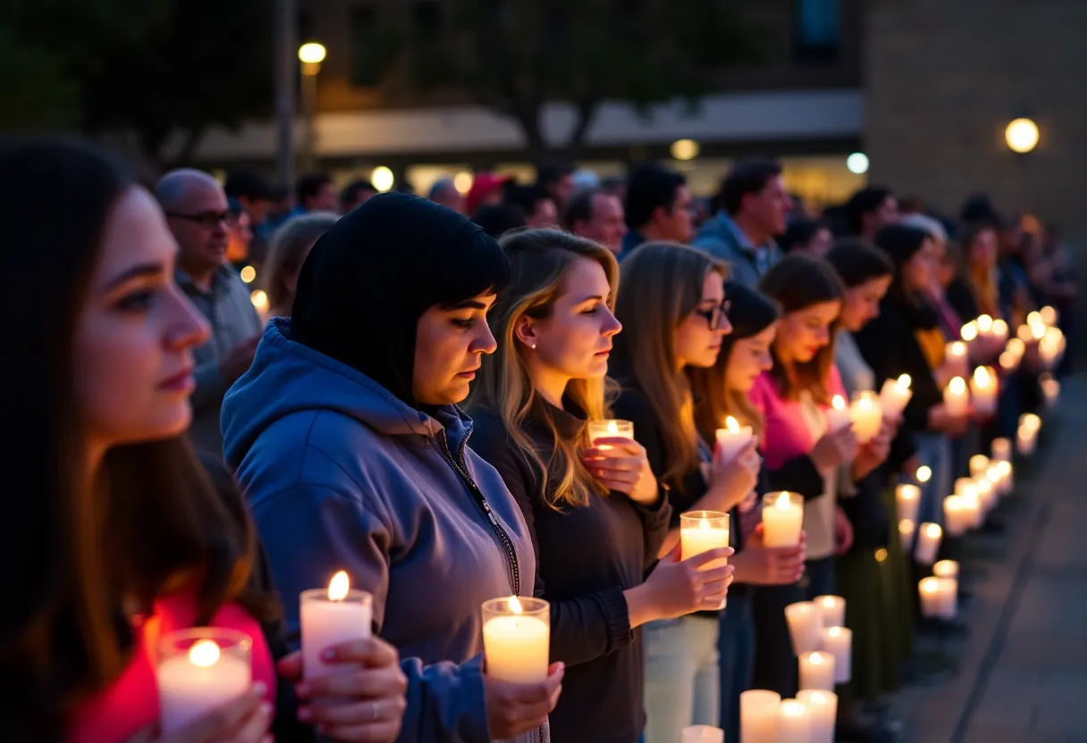Crowd holding candles at a vigil for missing persons