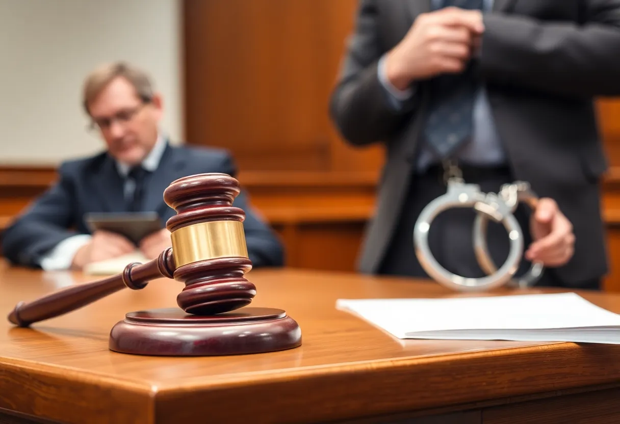 Scene depicting legal proceedings in a courtroom regarding probation officer misconduct.