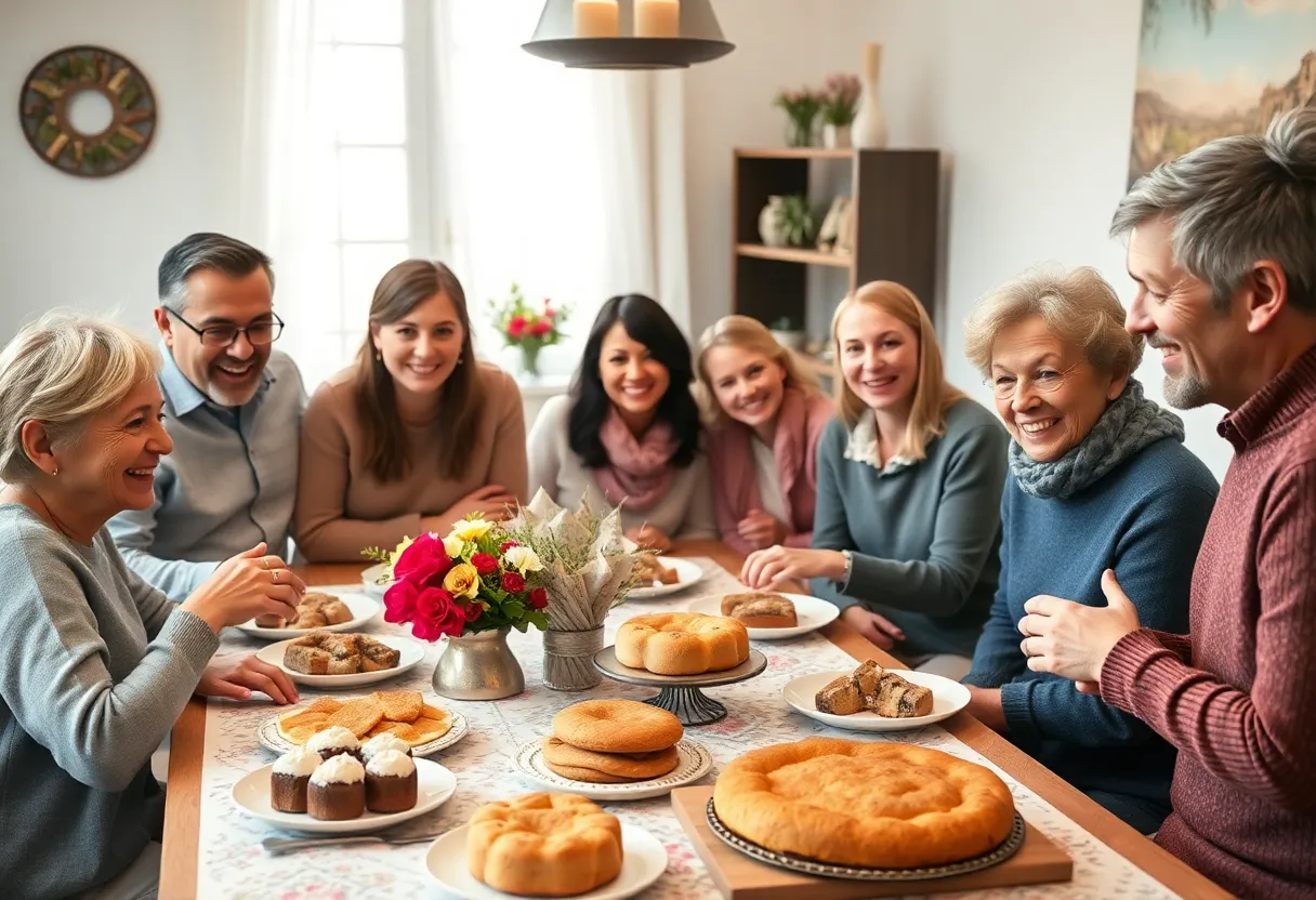A family gathering with delicious baked goods on the table.