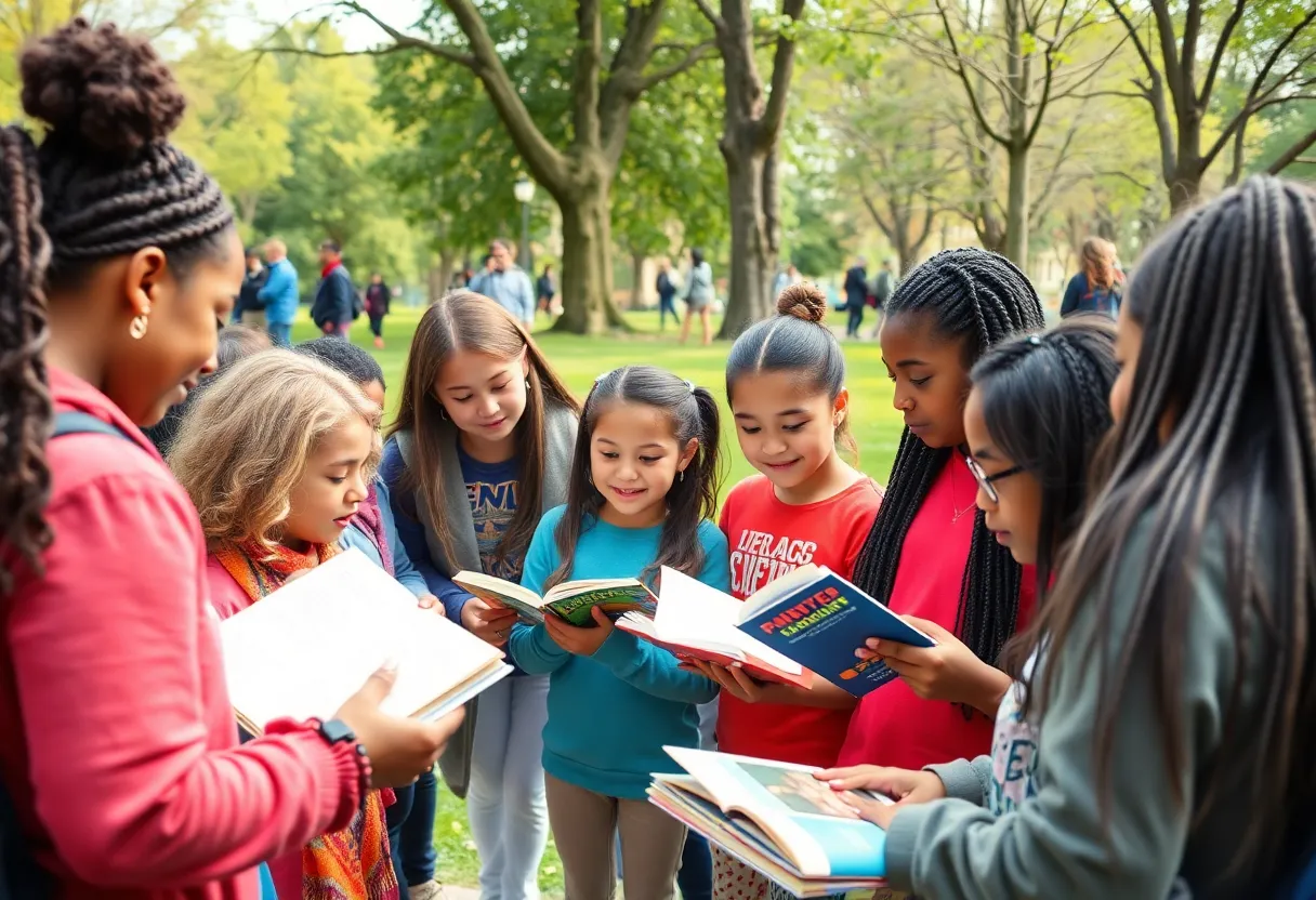 Students participating in a reading event organized by DAYLO, promoting literacy and inclusivity.