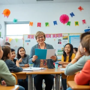 Students celebrating the District Teacher of the Year award in a classroom setting.