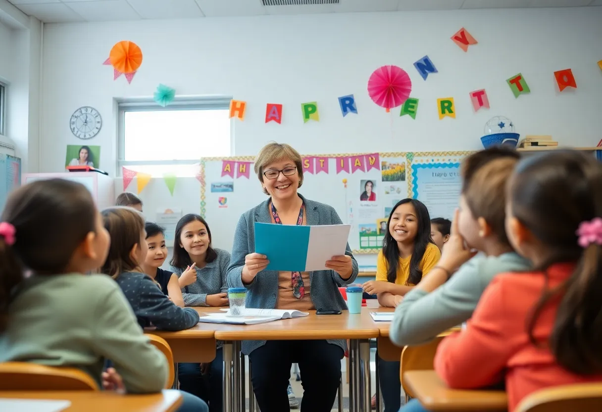 Students celebrating the District Teacher of the Year award in a classroom setting.