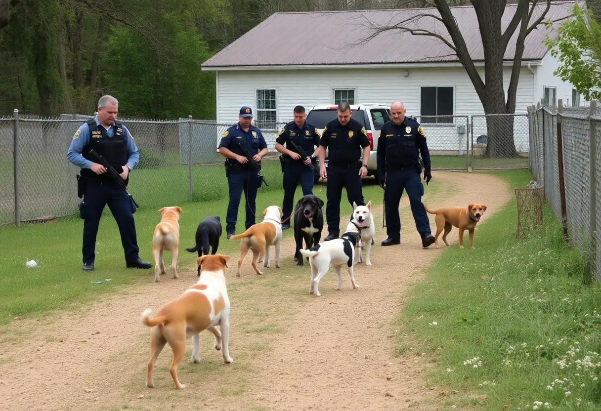 Law enforcement agents conducting a dogfighting raid, rescuing dogs.