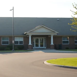 A peaceful elder care facility exterior reflecting a moment of tranquility amidst a tragic event.