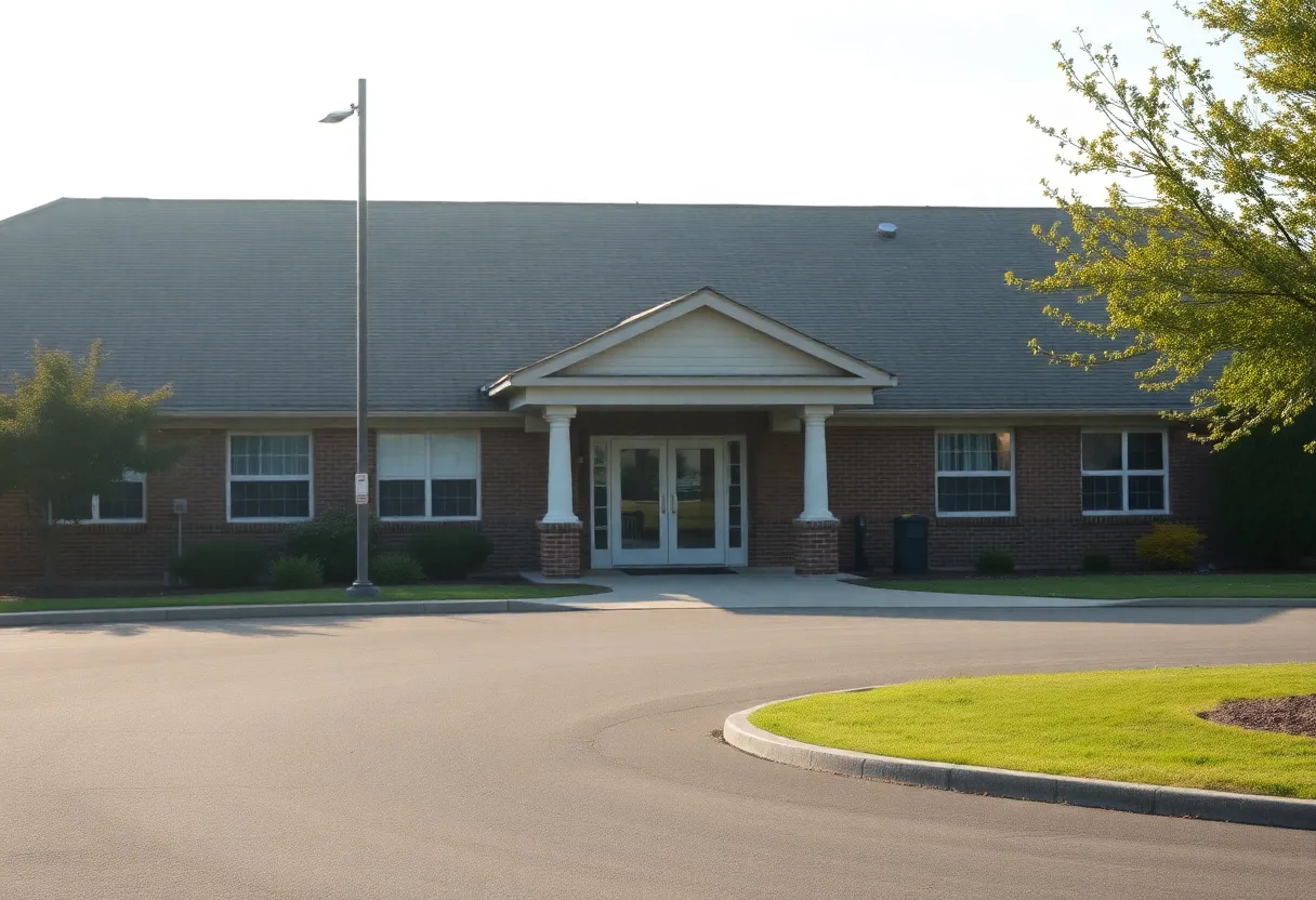 A peaceful elder care facility exterior reflecting a moment of tranquility amidst a tragic event.