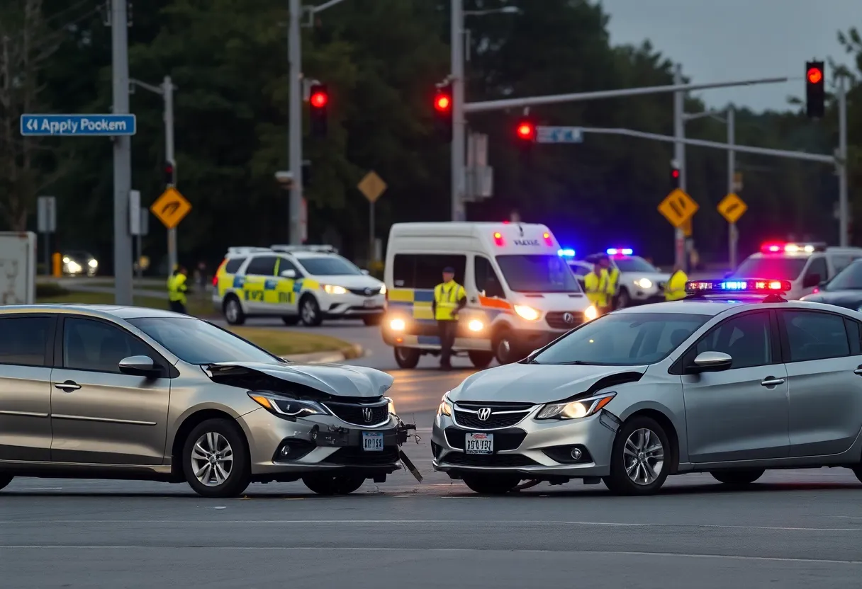 Damaged vehicles at the scene of a fatal crash at an intersection