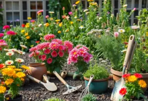 Beautiful garden with blooming flowers and tools for safe gardening