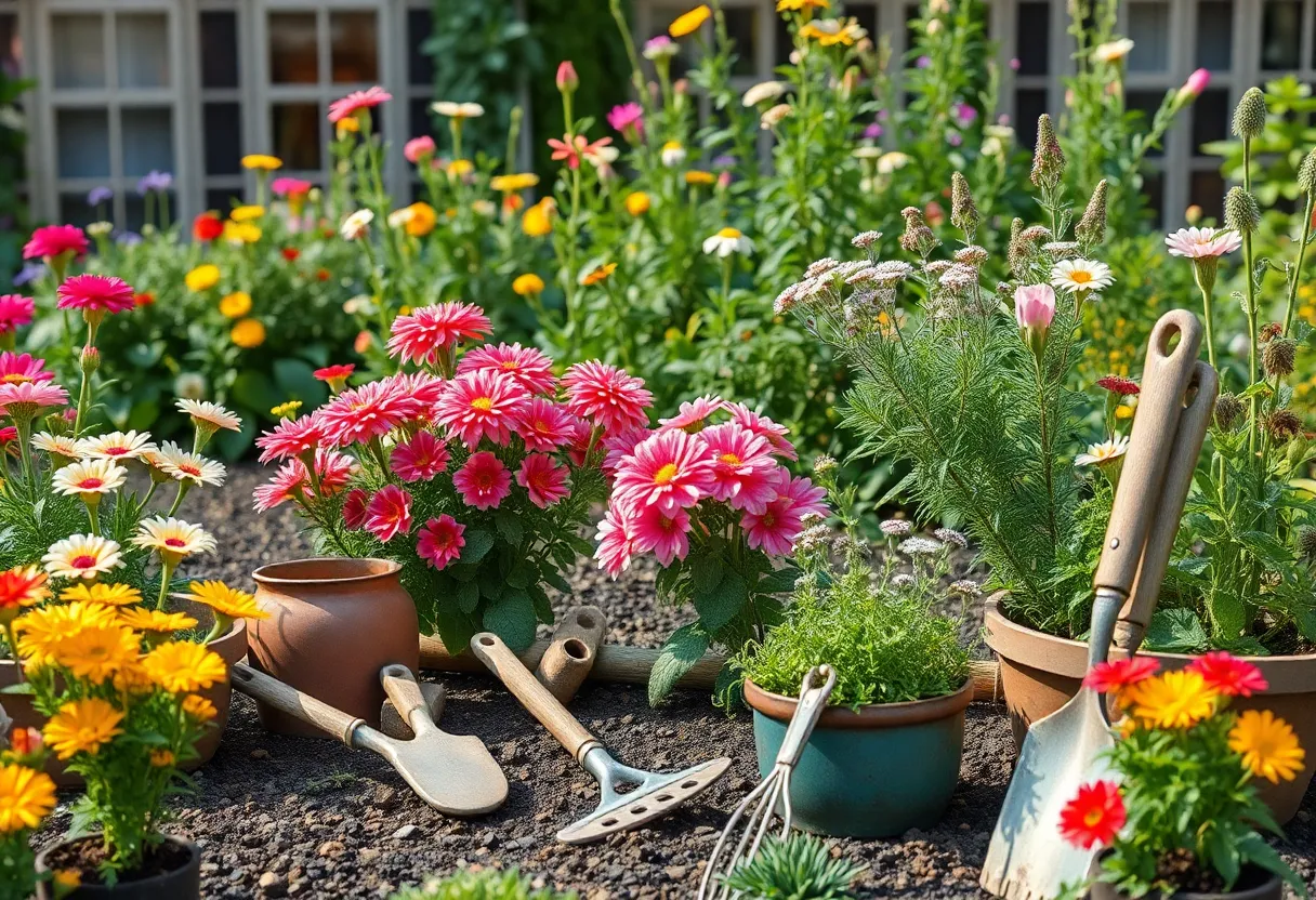Beautiful garden with blooming flowers and tools for safe gardening