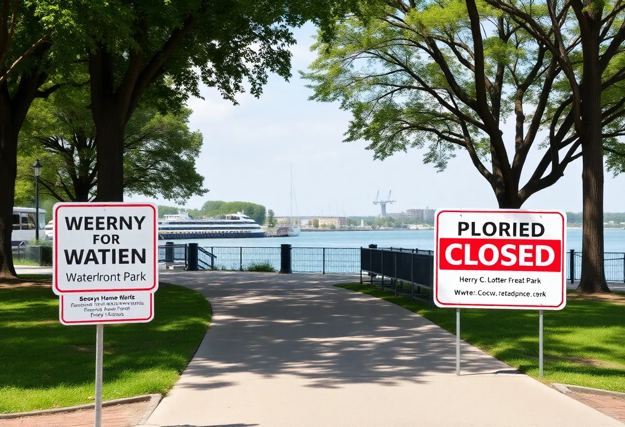 Closed area of Henry C. Chambers Waterfront Park with safety signs