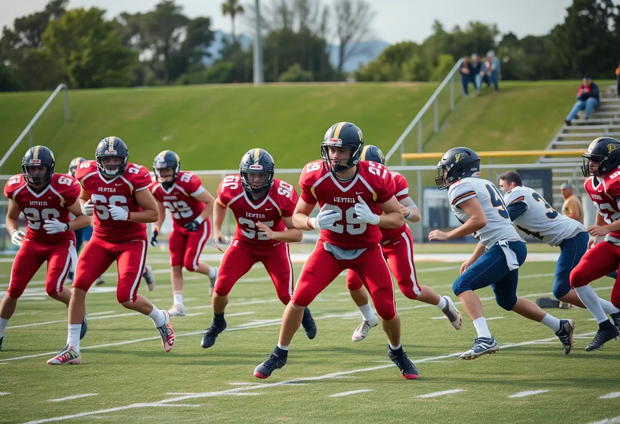 Two high school football teams competing intensely on the field.