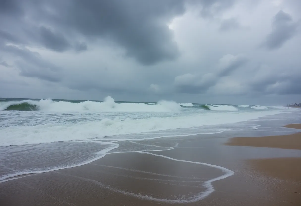 High surf crashing on Charleston beach due to Hurricane Erin