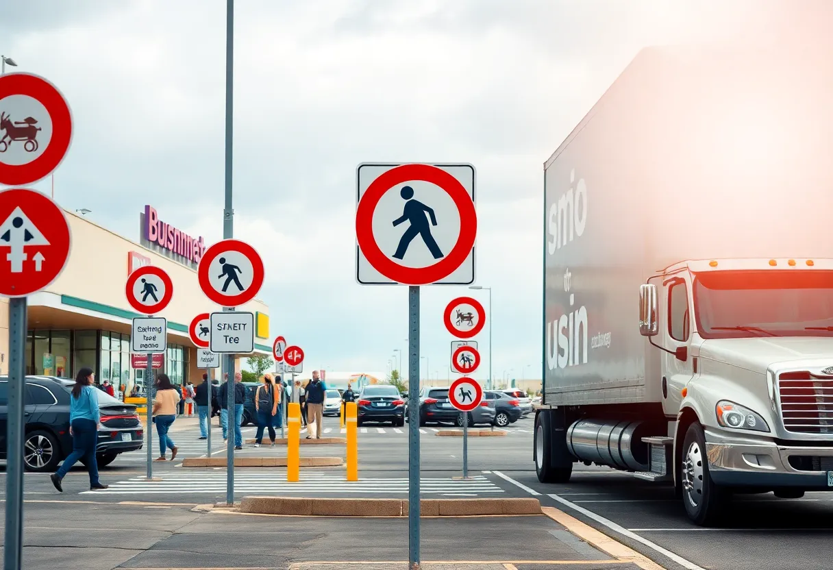 Busy supermarket parking lot with pedestrian safety signs