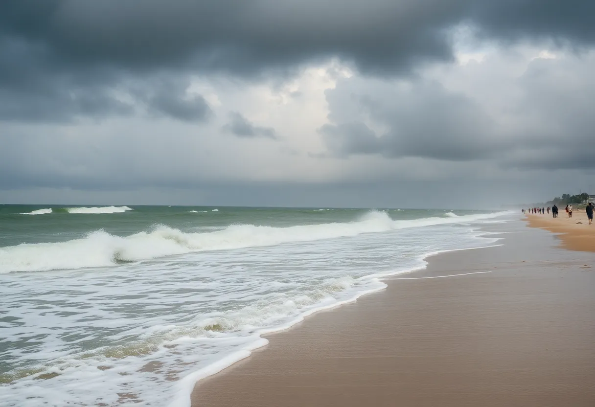High tide and strong waves during Hurricane Erin in coastal area