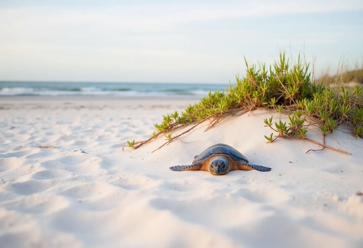 Loggerhead sea turtle nest on the sandy beach
