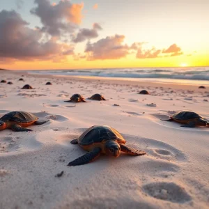 Loggerhead turtle nests on the beach at sunset