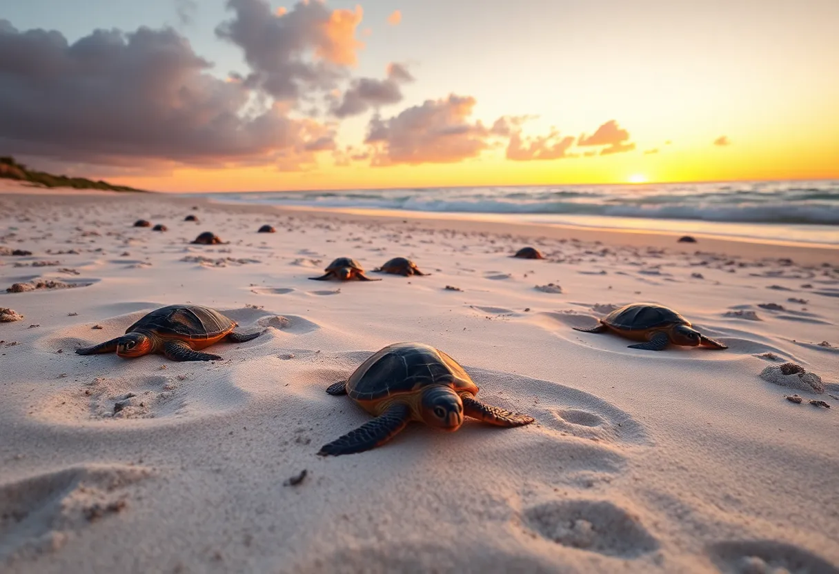 Loggerhead turtle nests on the beach at sunset