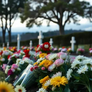 A beautiful memorial garden with flowers representing remembrance and peace.