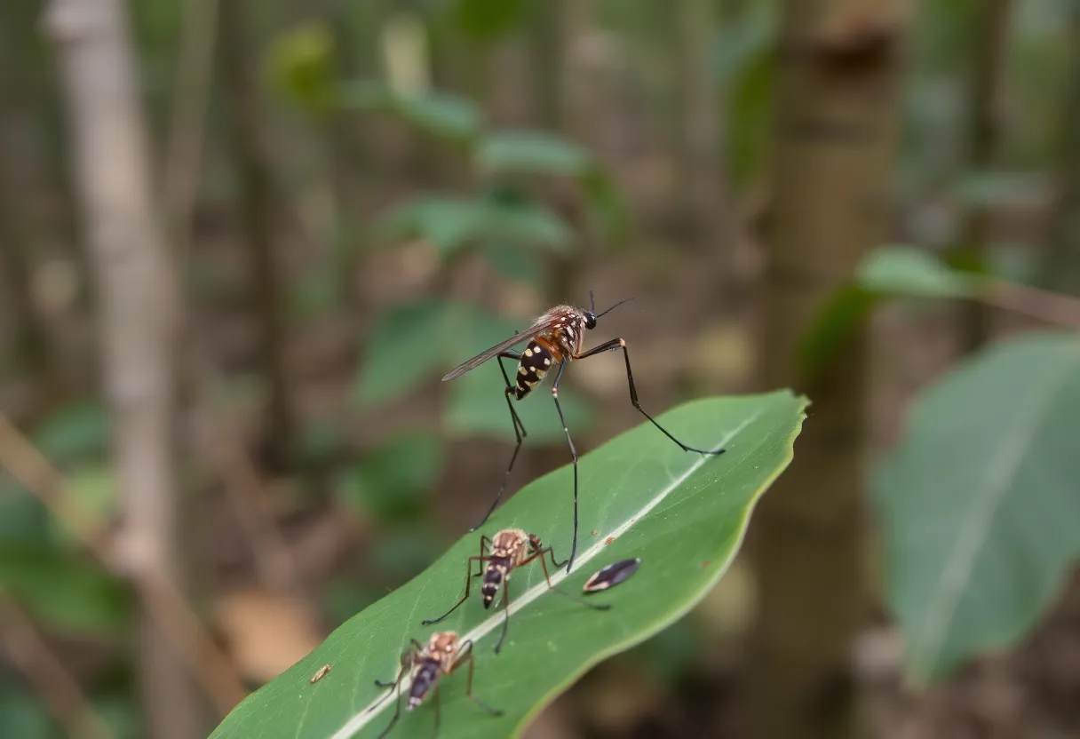 A close-up of a mosquito on a leaf in its natural habitat.