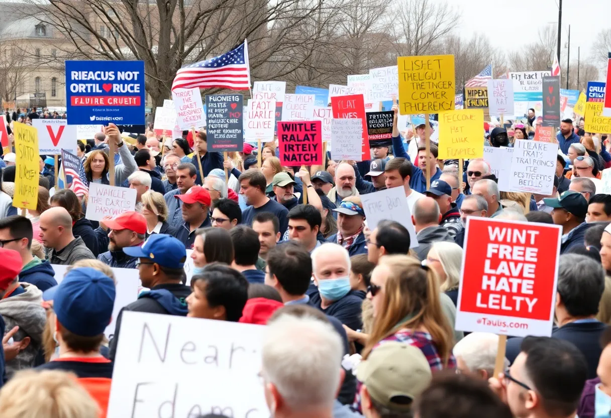 Crowd of people rallying in Bluffton with protest signs
