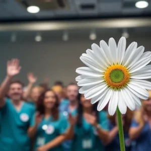 Nurse receiving DAISY Award surrounded by supportive colleagues