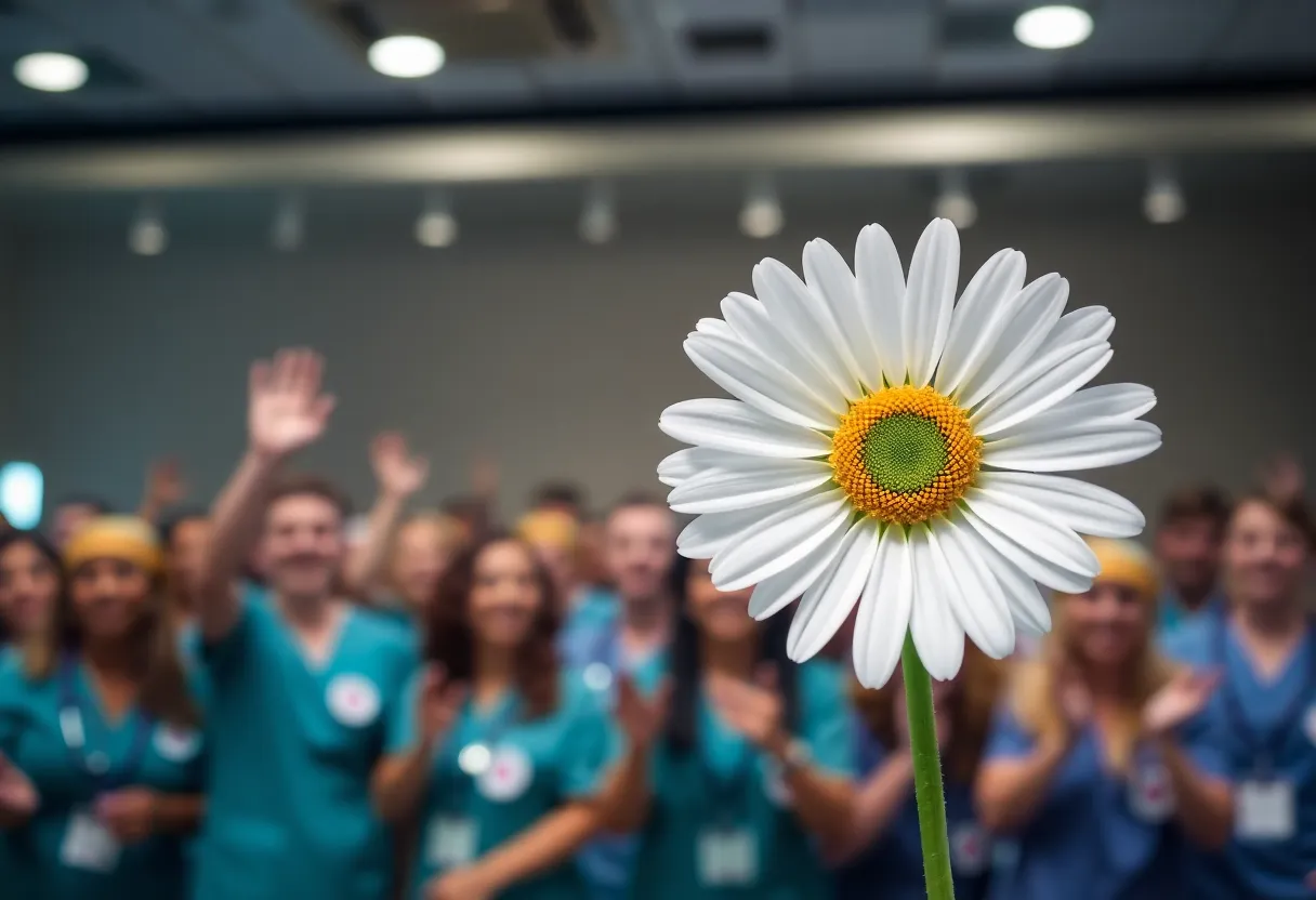 Nurse receiving DAISY Award surrounded by supportive colleagues