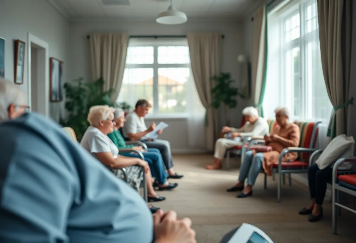 Nursing home facility with residents and caregivers