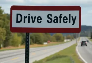 Community road sign promoting safe driving along U.S. 278