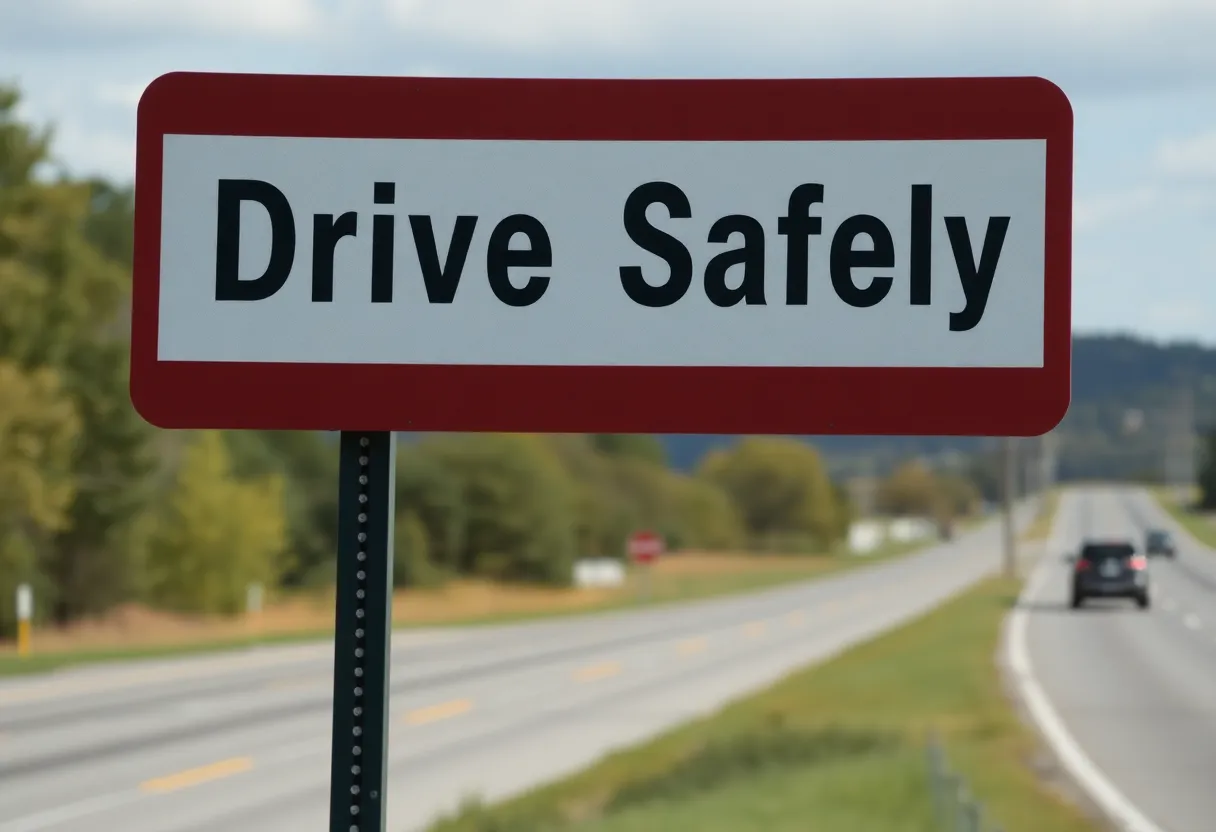 Community road sign promoting safe driving along U.S. 278
