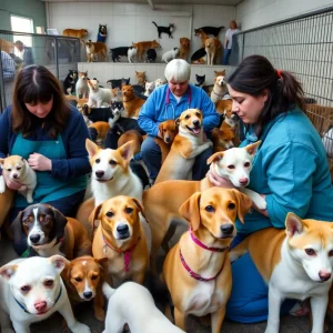 Dogs and cats in an overcrowded animal shelter with volunteers.