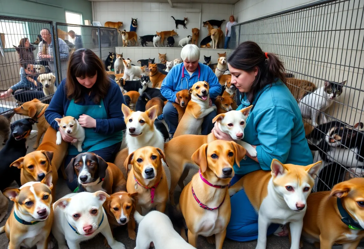 Dogs and cats in an overcrowded animal shelter with volunteers.