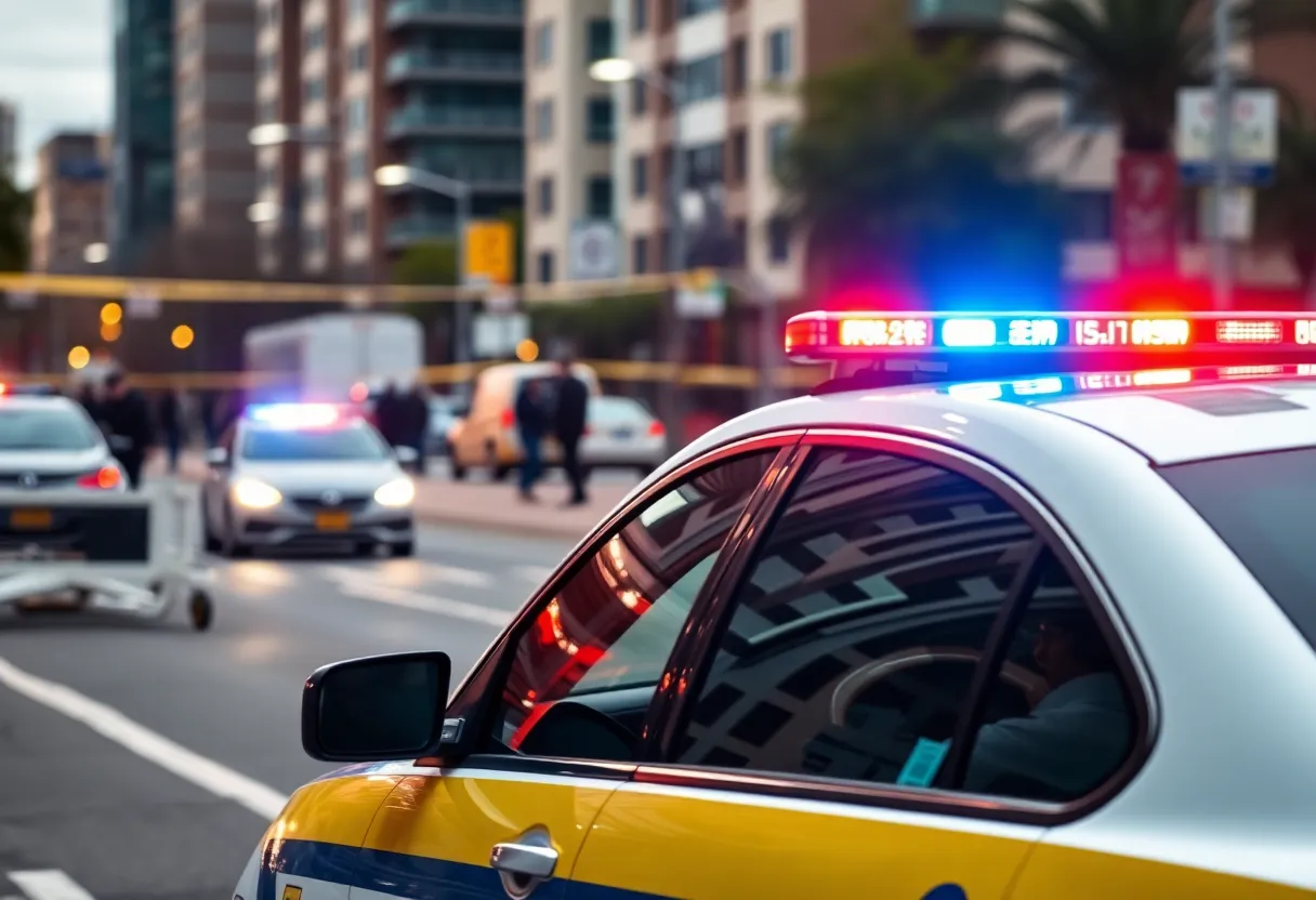Police car with lights on at a drug bust scene