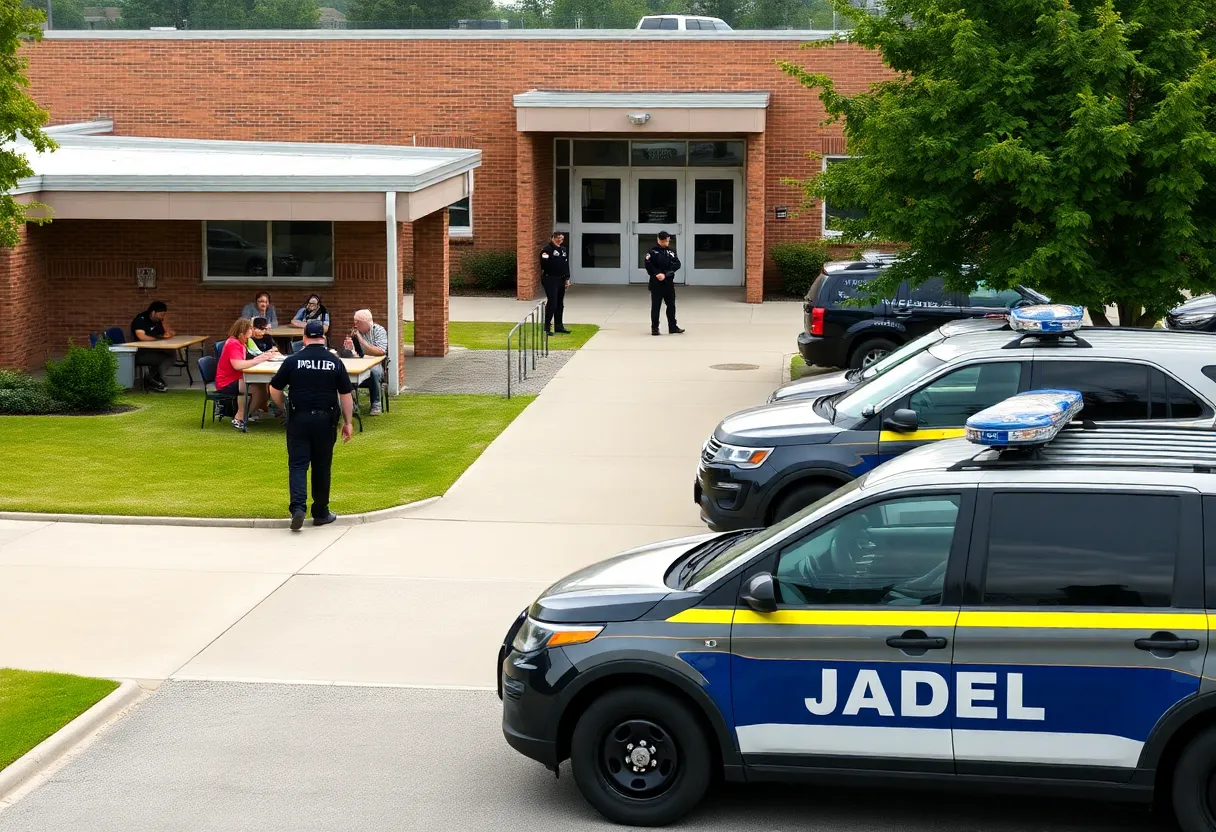 Police car outside a school during a safety incident.