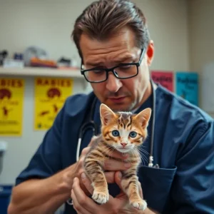 Veterinarian examining a kitten in a clinic for rabies awareness
