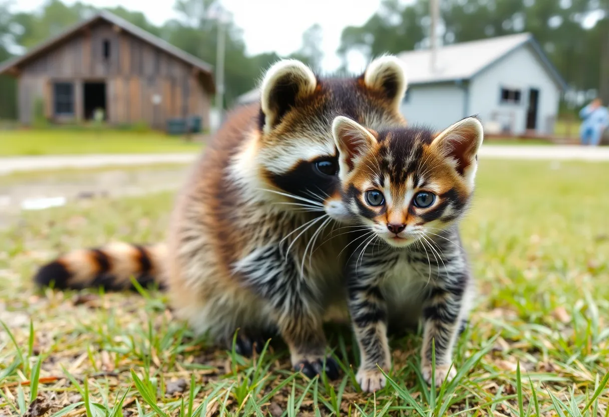A raccoon and a kitten in South Carolina representing rabies awareness
