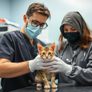 Veterinarian examining a rabies positive kitten in a clinic