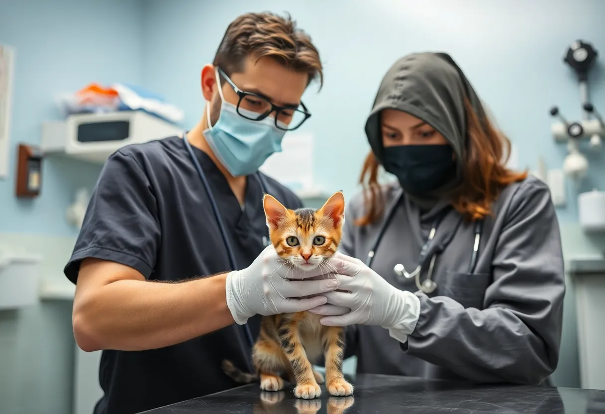Veterinarian examining a rabies positive kitten in a clinic
