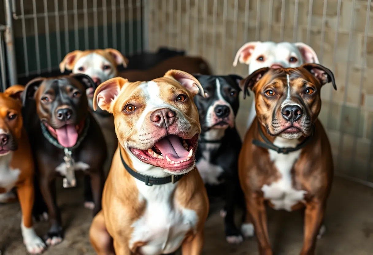 Adult pit bull-type dogs in a shelter receiving care.