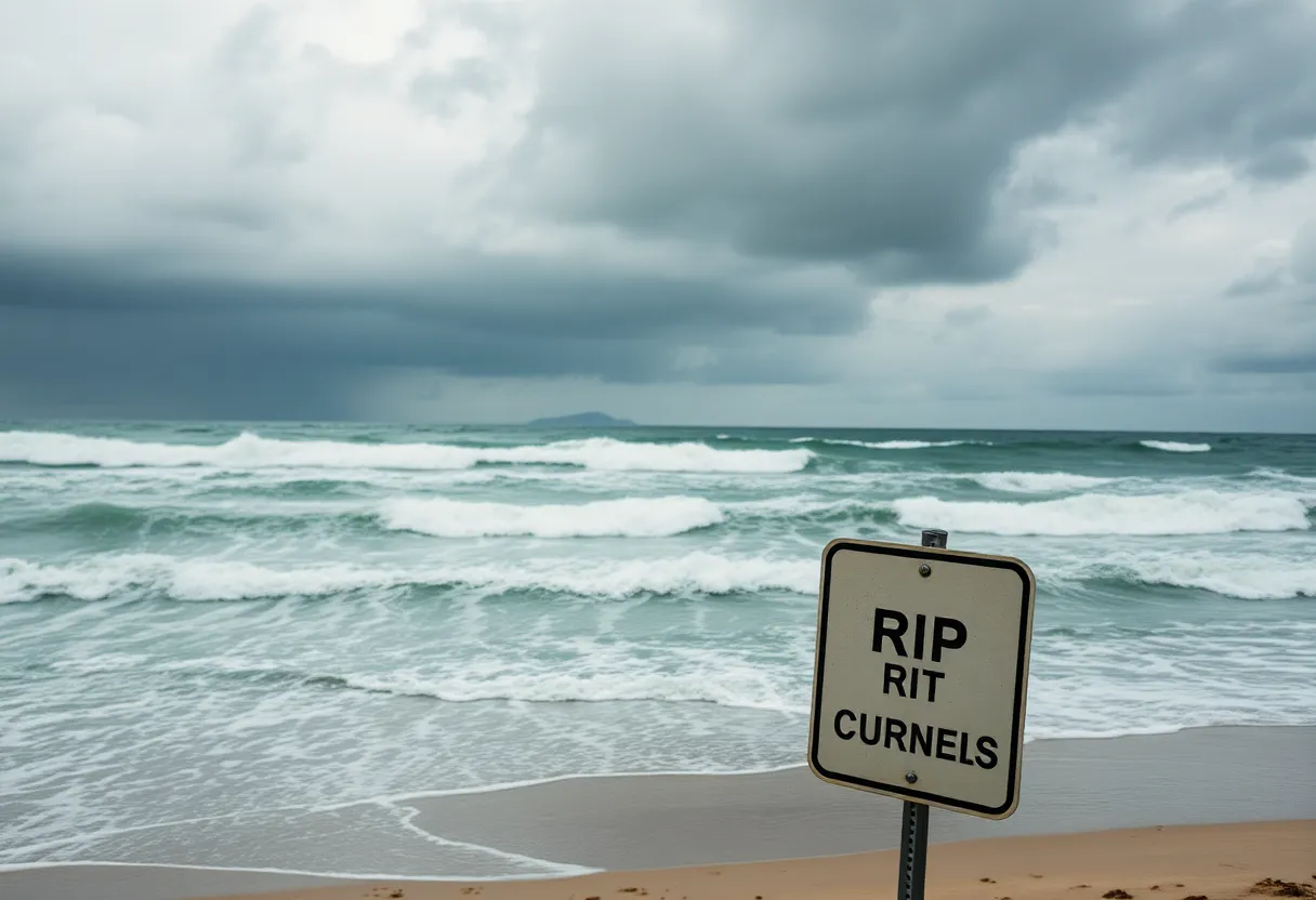 Beach with rough surf and rip current warning sign