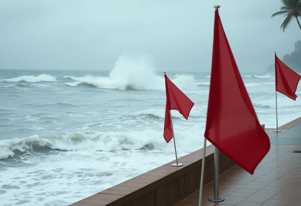 Red flags warning of rip currents at a beach in Beaufort County