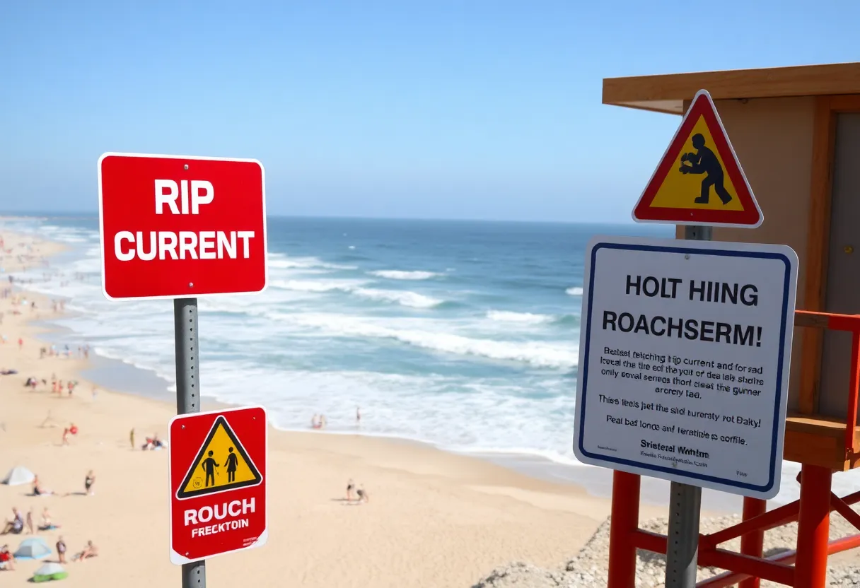 Crowded beach with rip current warning sign