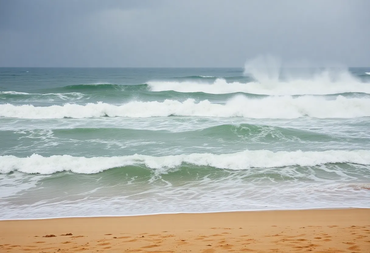 Turbulent ocean waves along the Charleston coast as Hurricane Erin approaches.