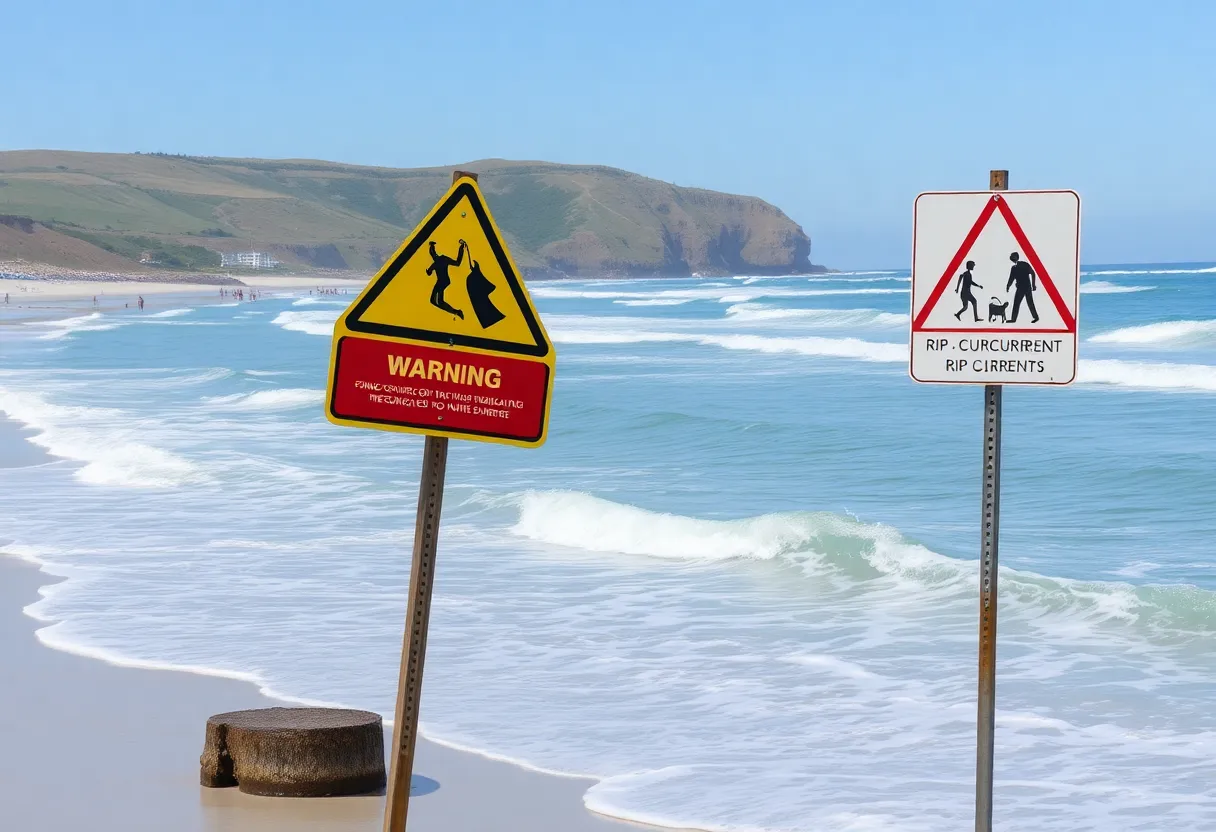 Rip currents at a coastal beach with warning signs